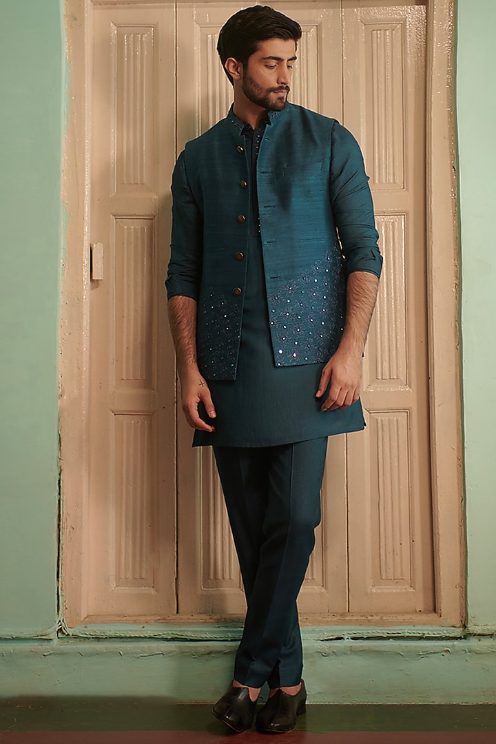 Teal Blue Raw Silk Embroidered Bundi Jacket by Philocaly at Pernia's Pop Up Shop