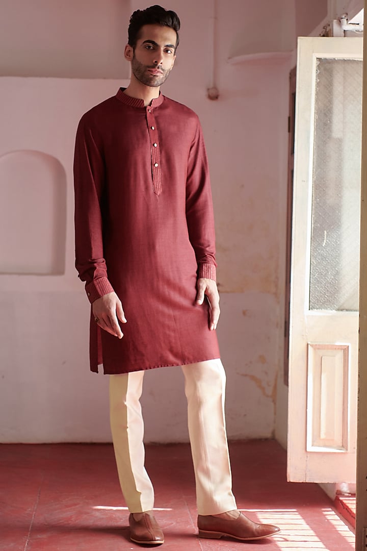 Maroon Cotton Silk Kurta by Philocaly at Pernia's Pop Up Shop