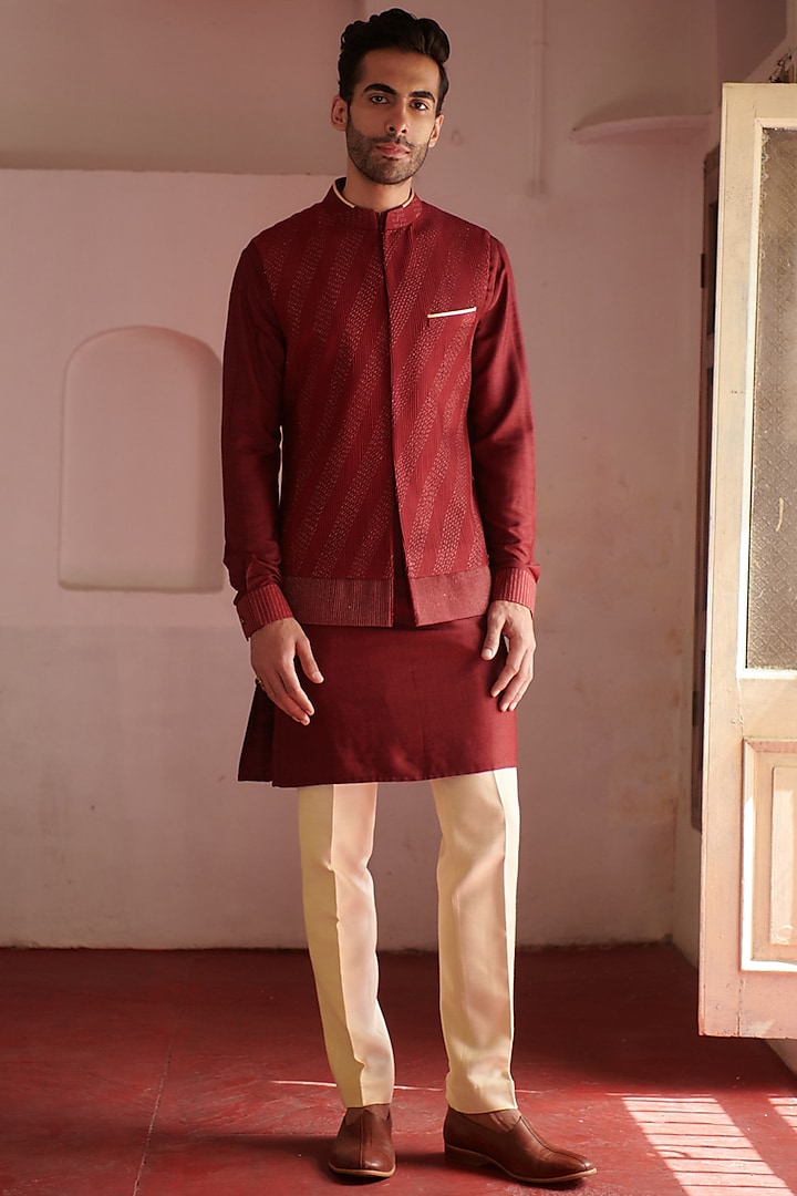 Maroon Cotton Silk Embroidered Bundi Jacket by Philocaly