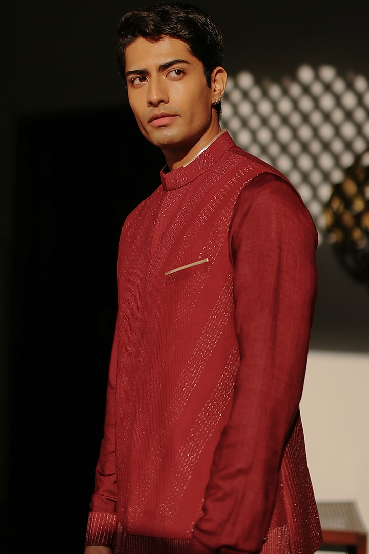 Maroon Cotton Silk Embroidered Bundi Jacket by Philocaly at Pernia's Pop Up Shop
