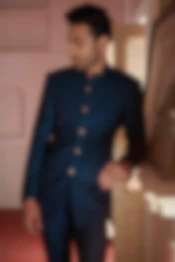 Teal Blue Jacquard Bandhgala. by Philocaly at Pernia's Pop Up Shop