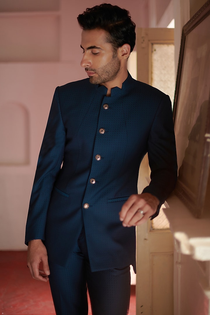 Teal Blue Jacquard Bandhgala. by Philocaly at Pernia's Pop Up Shop