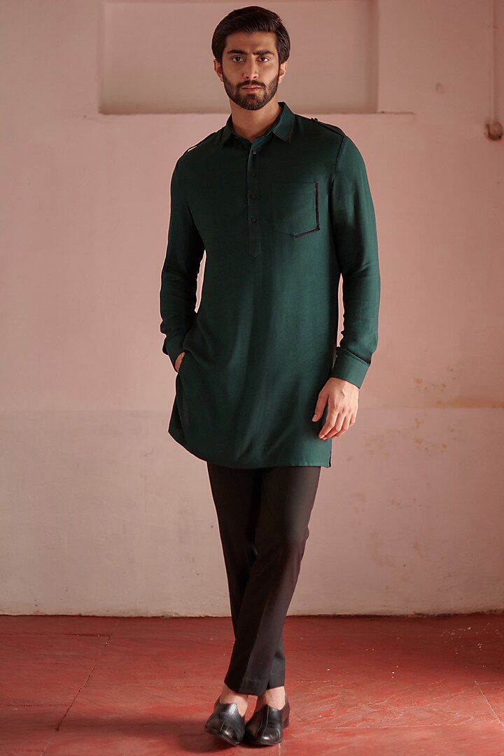 Green Cotton Silk Pathani Kurta by Philocaly