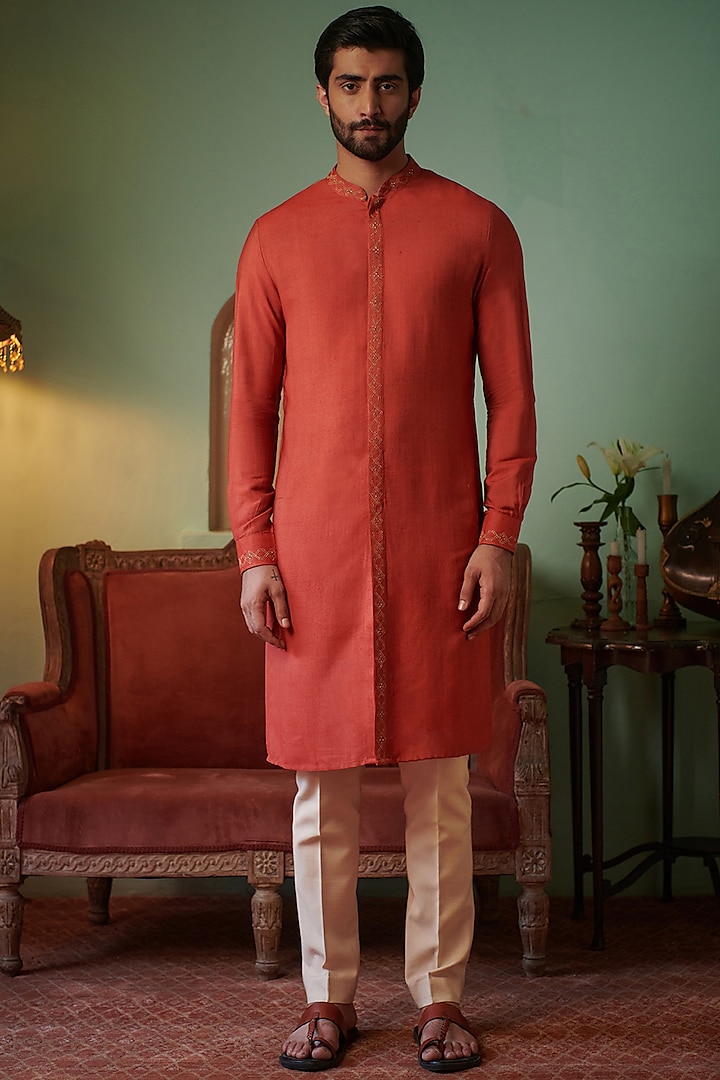 Rust Cotton Silk Embroidered Kurta by Philocaly