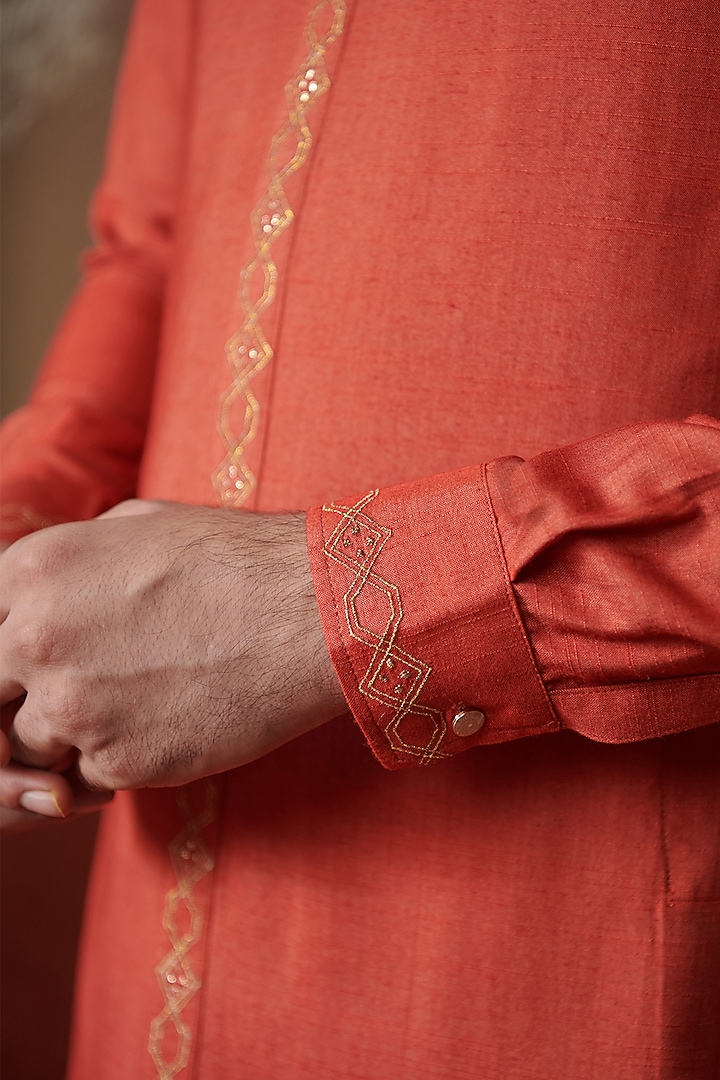Rust Cotton Silk Embroidered Kurta by Philocaly at Pernia's Pop Up Shop