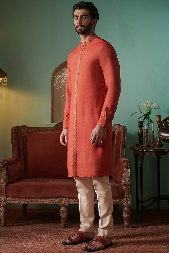 Rust Cotton Silk Embroidered Kurta by Philocaly at Pernia's Pop Up Shop