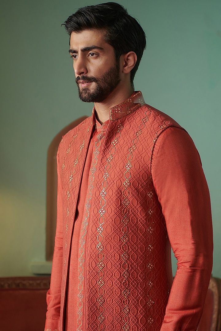 Rust Cotton Silk Embroidered Wedding Indowestern Set by Philocaly at Pernia's Pop Up Shop
