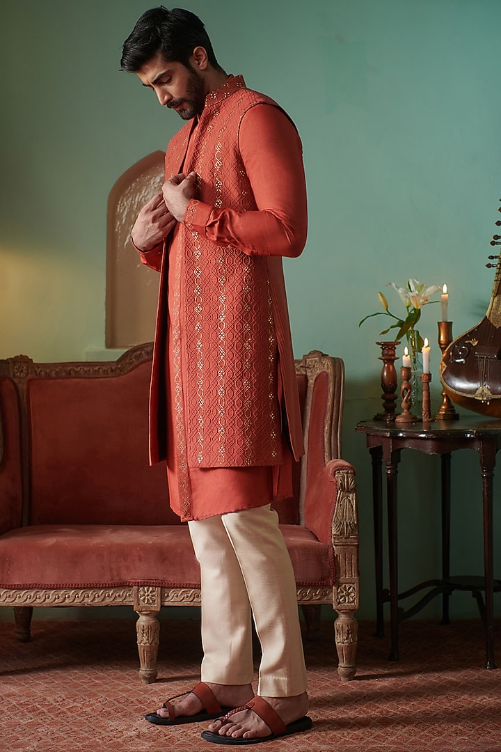 Rust Cotton Silk Embroidered Wedding Indowestern Set by Philocaly at Pernia's Pop Up Shop