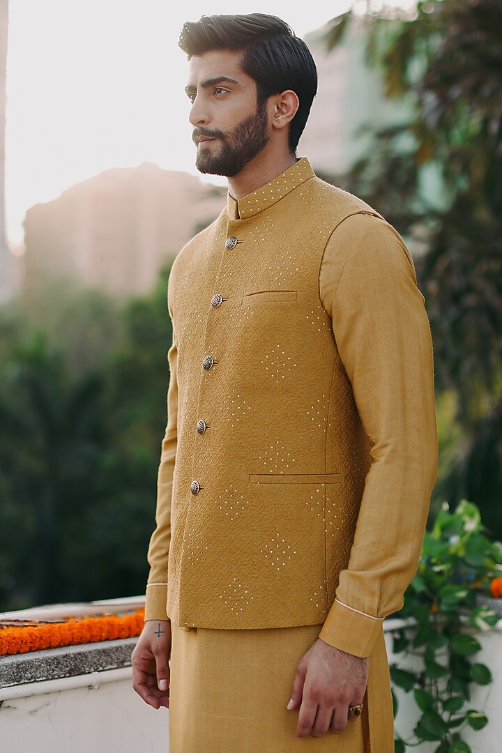 Mustard Silk Blend Embroidered Bundi Jacket by Philocaly at Pernia's Pop Up Shop