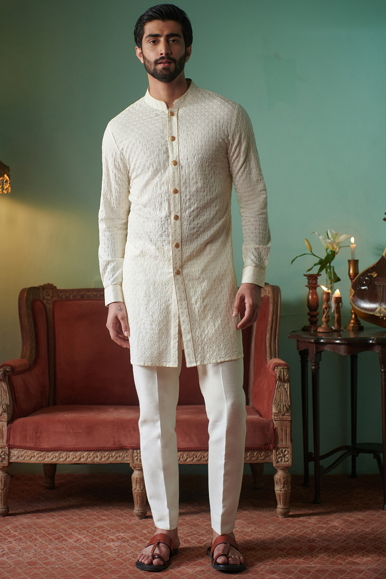 Off-White Silk Front Open Kurta by Philocaly