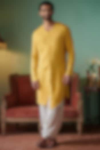 Yellow Cotton Silk Angrakha Kurta by Philocaly