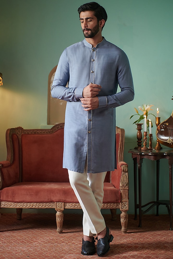 Blue Cotton Silk Front Open Kurta by Philocaly