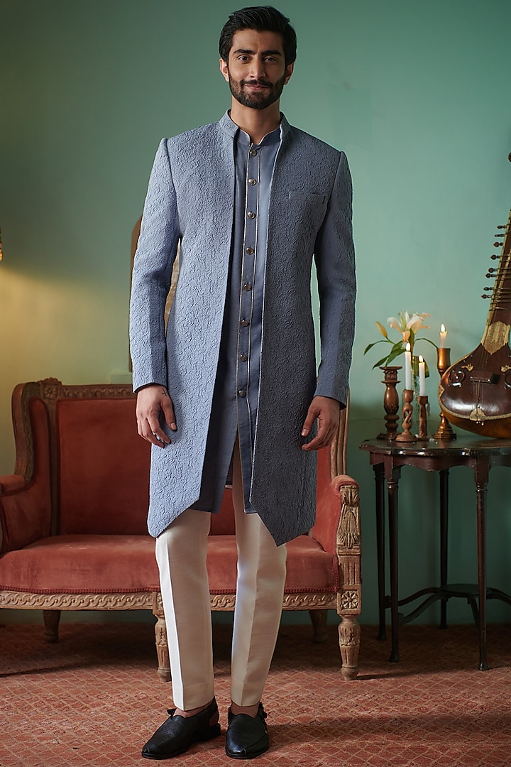 Blue Silk Blend Indowestern Set by Philocaly