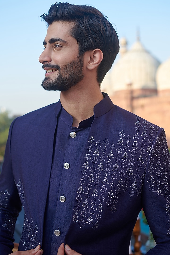 Navy Blue Silk Blend Wedding Indowestern Set by Philocaly at Pernia's Pop Up Shop