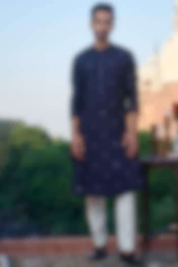 Navy Blue Cotton Tussar Silk Mirror Embroidered Kurta by Philocaly