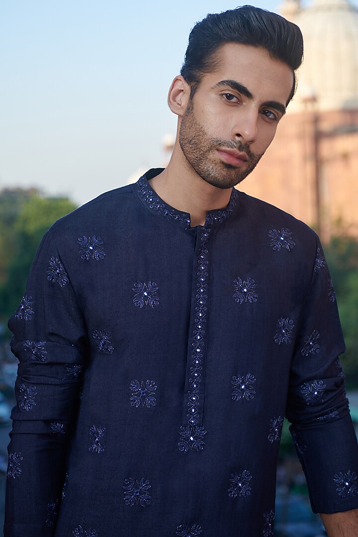 Navy Blue Cotton Tussar Silk Mirror Embroidered Kurta by Philocaly at Pernia's Pop Up Shop