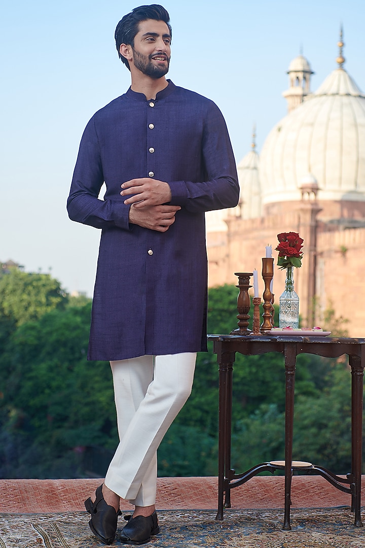 Navy Blue Cotton Silk Kurta by Philocaly