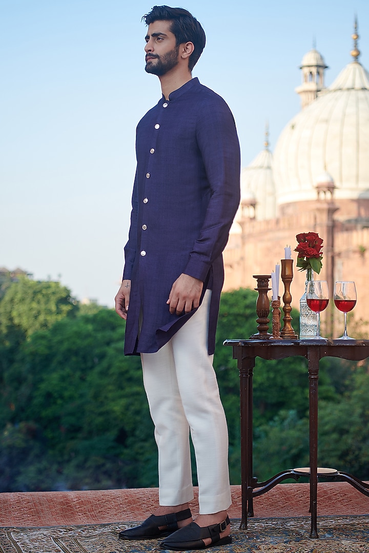 Navy Blue Cotton Silk Kurta by Philocaly at Pernia's Pop Up Shop