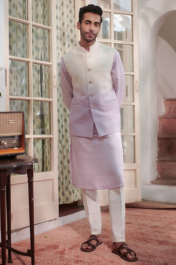 Off-White & Mauve Cotton Silk Blend Ombre Bundi Jacket Set by Philocaly at Pernia's Pop Up Shop