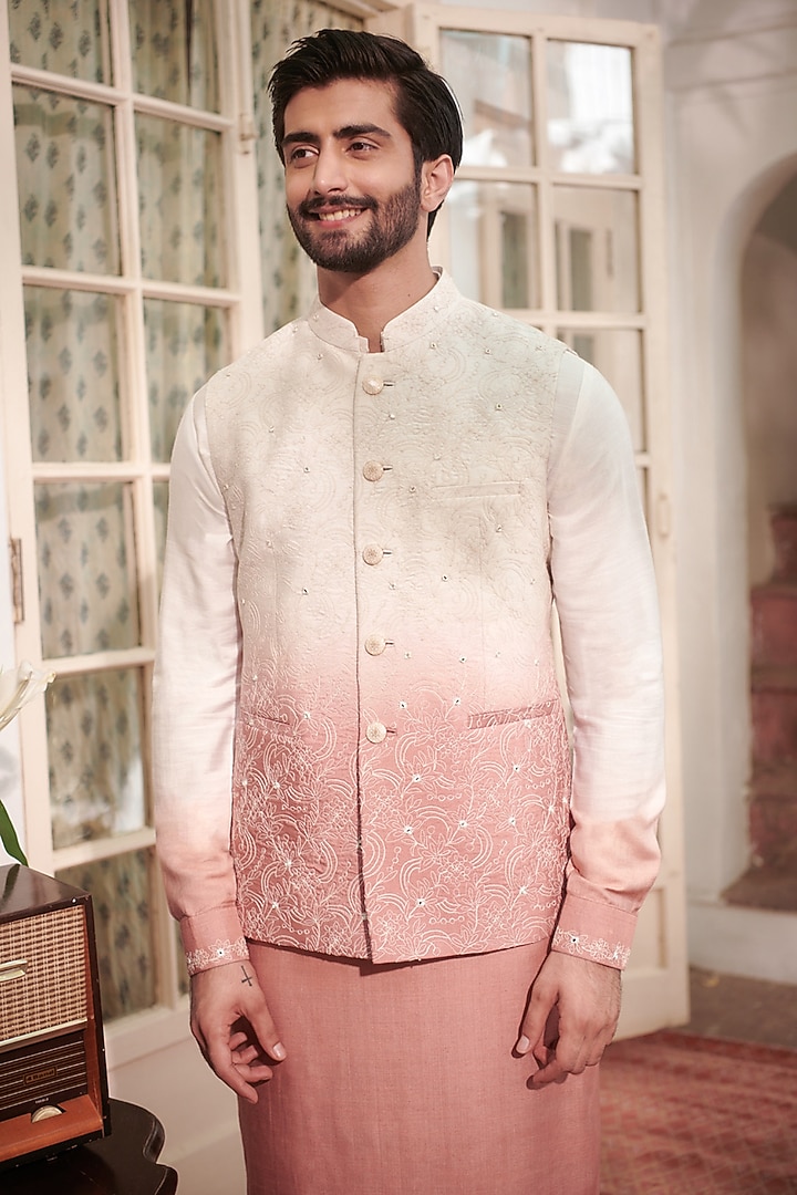 Off-White & Rust Ombre Silk Mirror Embroidered Bundi Jacket Set by Philocaly at Pernia's Pop Up Shop