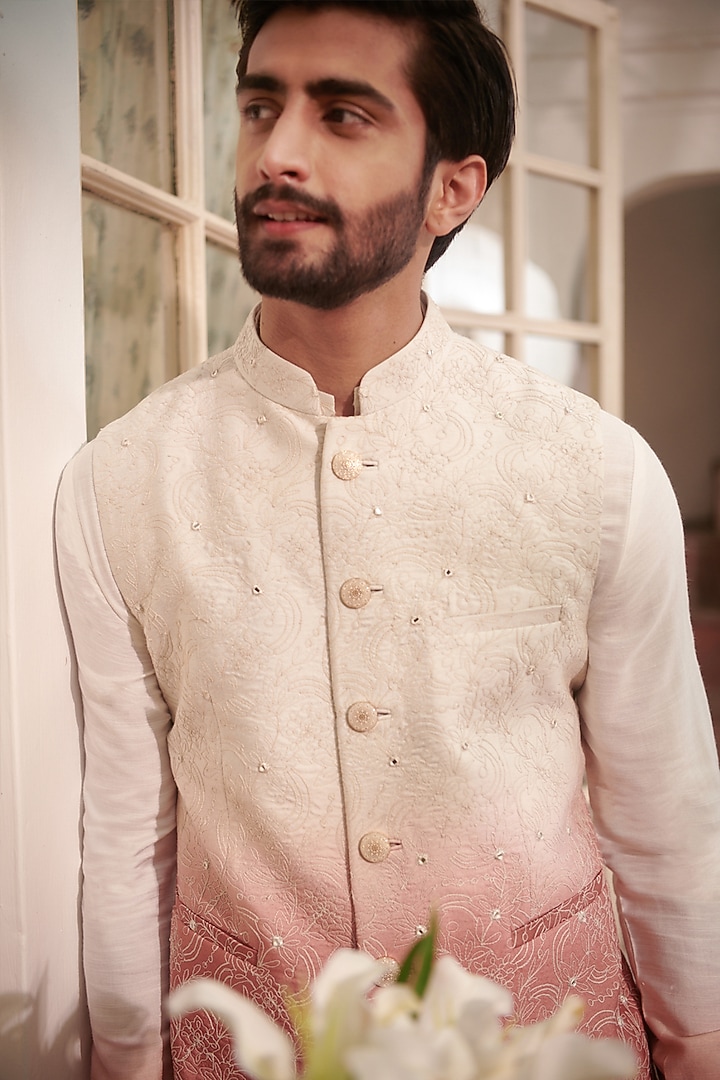 Off-White & Rust Ombre Silk Mirror Embroidered Bundi Jacket Set by Philocaly at Pernia's Pop Up Shop