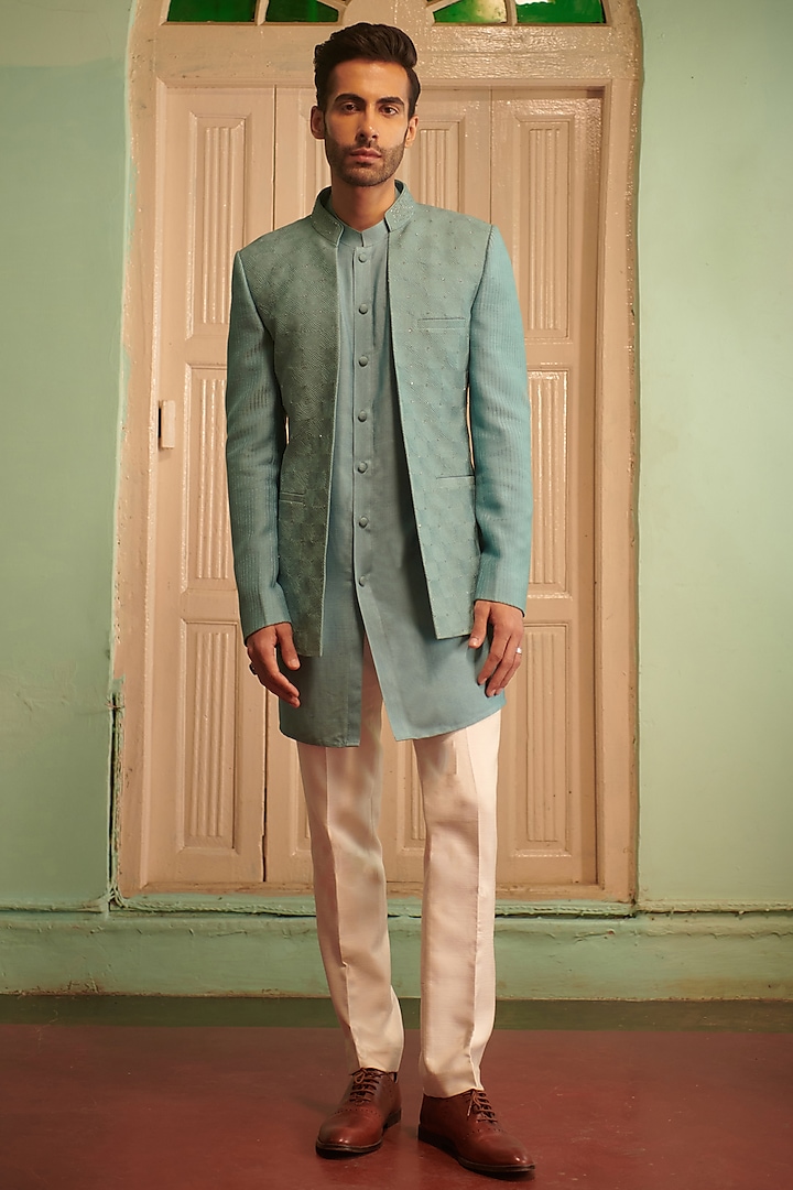 Teal Green Silk Embroidered Indo-Western Set by Philocaly