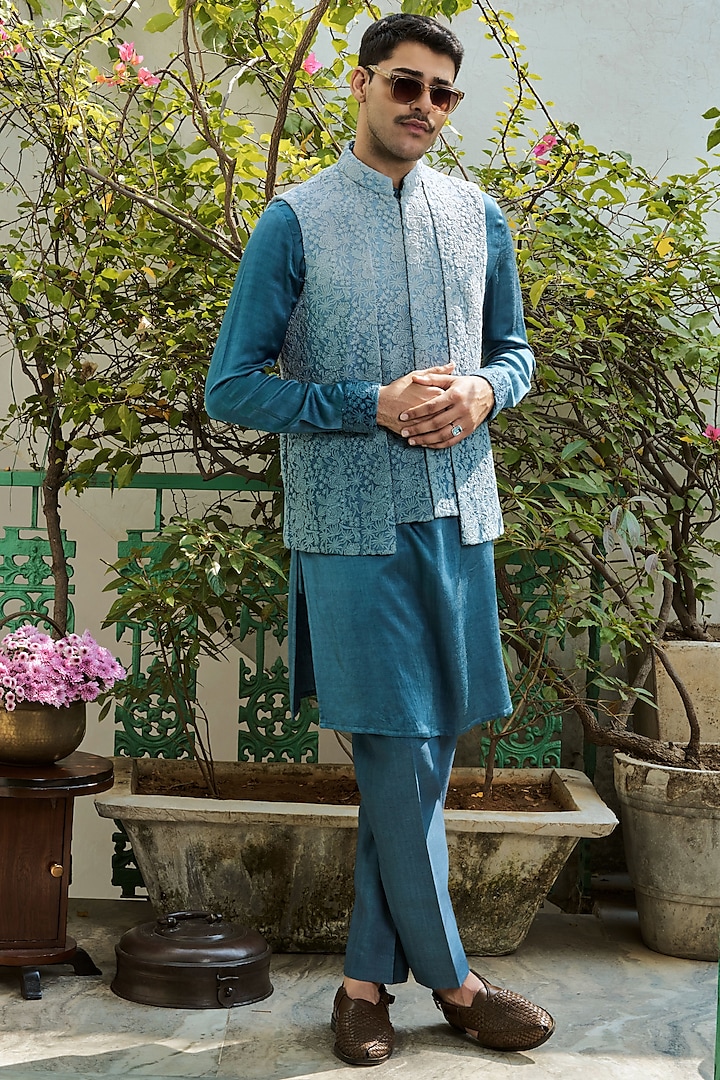 Blue Ombre Viscose Georgette Embroidered Bundi Jacket Set by Philocaly at Pernia's Pop Up Shop