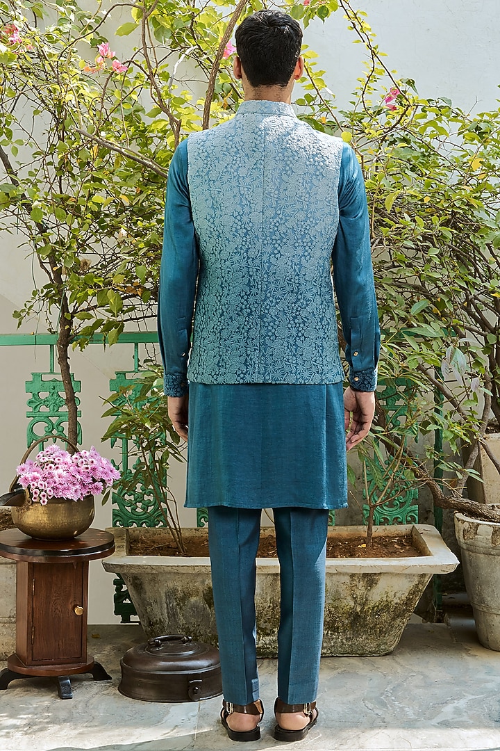 Blue Ombre Viscose Georgette Embroidered Bundi Jacket Set by Philocaly at Pernia's Pop Up Shop