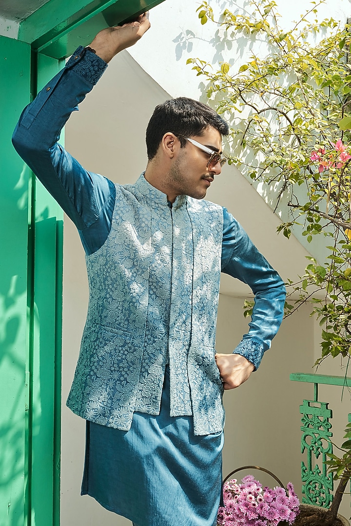 Blue Ombre Viscose Georgette Embroidered Bundi Jacket Set by Philocaly at Pernia's Pop Up Shop