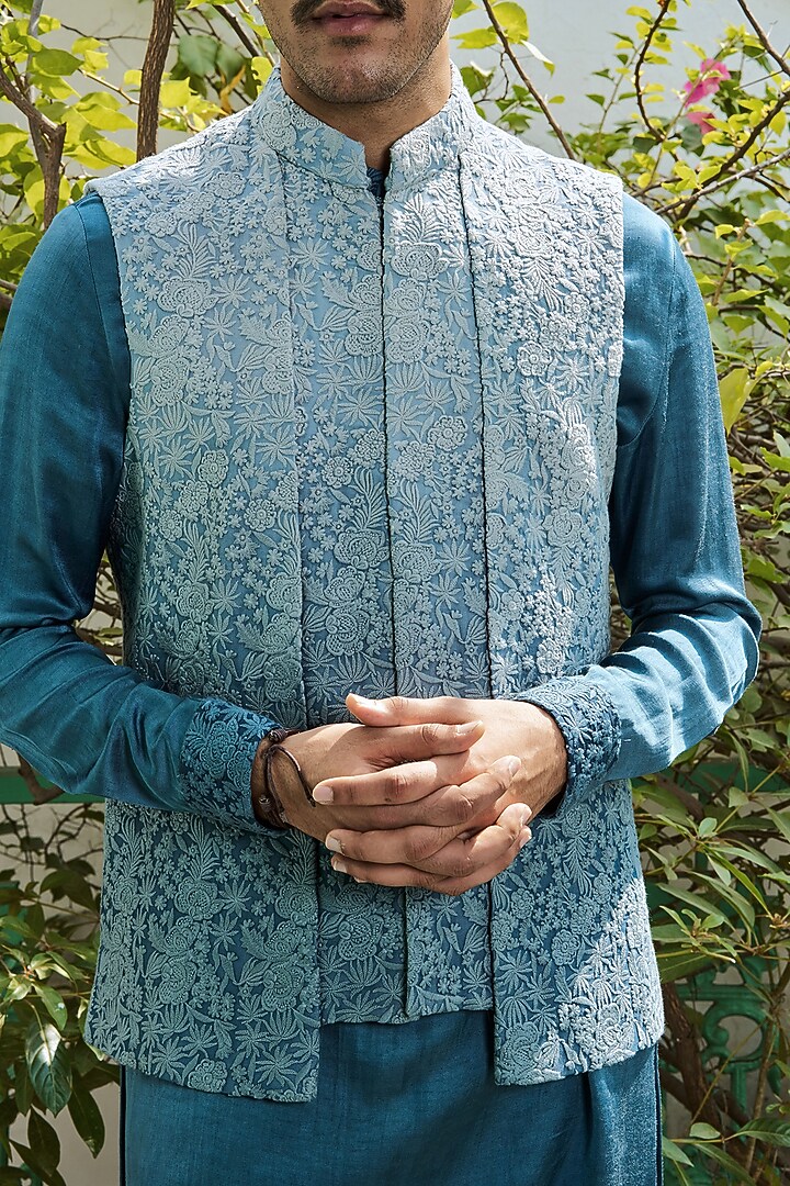 Blue Ombre Viscose Georgette Embroidered Bundi Jacket Set by Philocaly at Pernia's Pop Up Shop