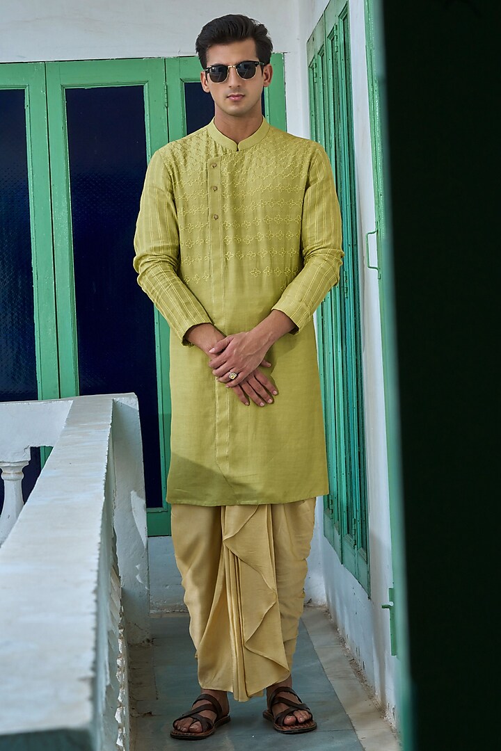 Lime Green Linen Satin Embroidered Angrakha Kurta by Philocaly at Pernia's Pop Up Shop