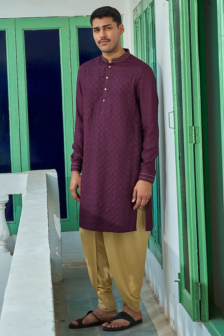 Wine Cotton Silk Embroidered Kurta by Philocaly at Pernia's Pop Up Shop