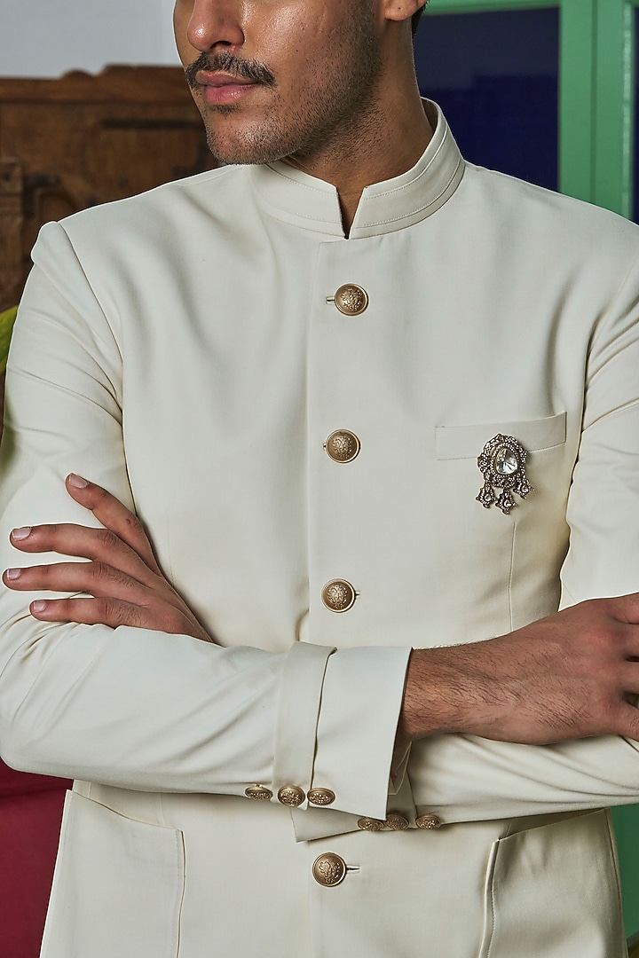 Off-White Wool Blend Bandhgala Jacket by Philocaly at Pernia's Pop Up Shop