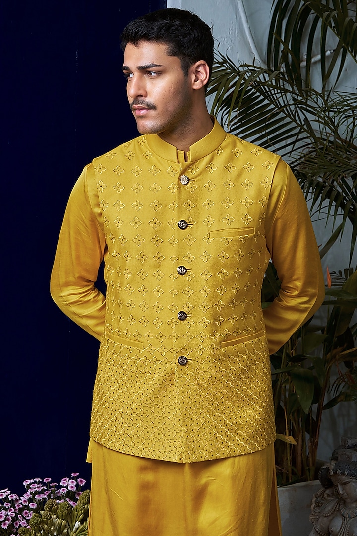 Yellow Cotton Silk Embroidered Bundi Jacket by Philocaly at Pernia's Pop Up Shop