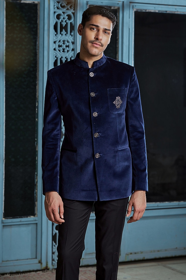 Navy Blue Velvet Zardosi Embroidered Bandhgala Jacket by Philocaly at Pernia's Pop Up Shop