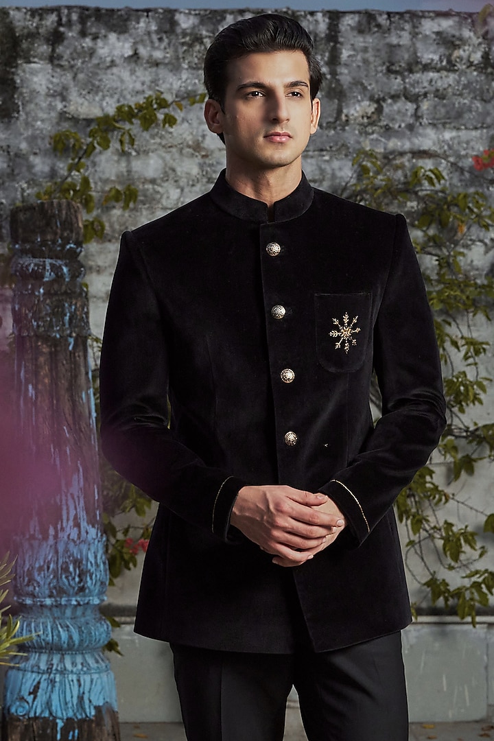 Black Velvet Zari & Zardosi Embroidered Bandhgala Jacket by Philocaly at Pernia's Pop Up Shop