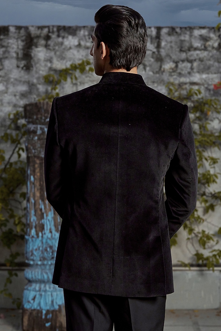 Black Velvet Zari & Zardosi Embroidered Wedding Bandhgala Jacket by Philocaly at Pernia's Pop Up Shop
