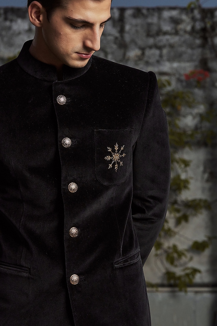 Black Velvet Zari & Zardosi Embroidered Wedding Bandhgala Jacket by Philocaly at Pernia's Pop Up Shop