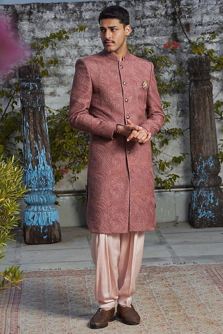 Dusty Rose Cotton Silk Embroidered Indowestern Jacket by Philocaly