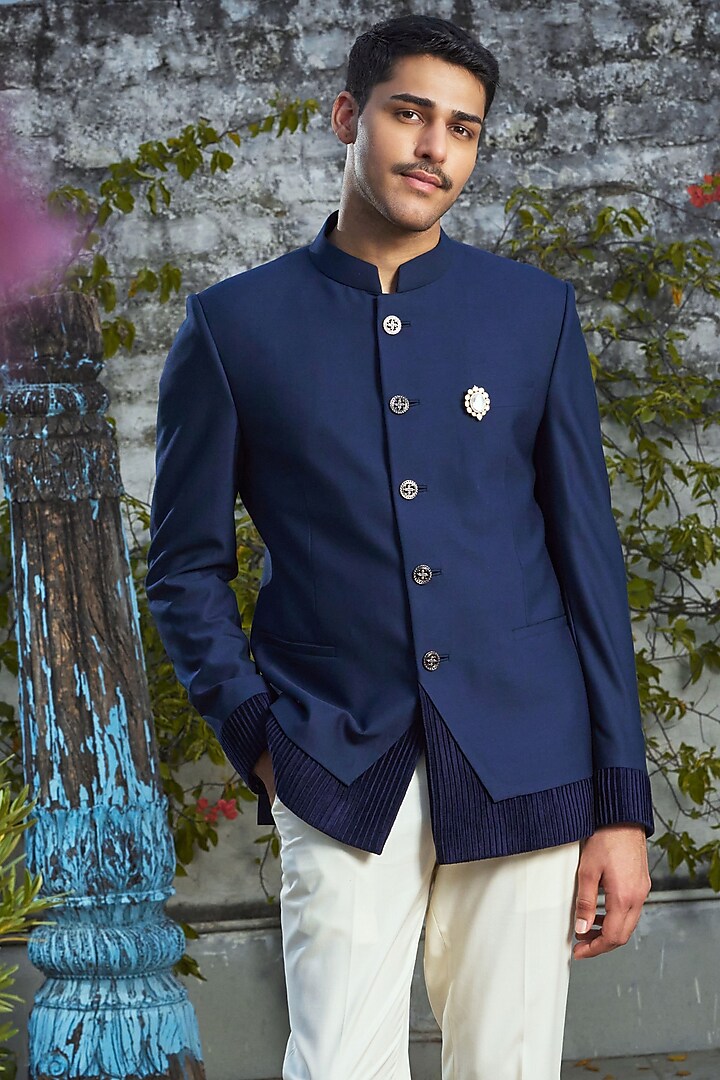 Navy Blue Wool Blend Bandhgala Jacket by Philocaly at Pernia's Pop Up Shop