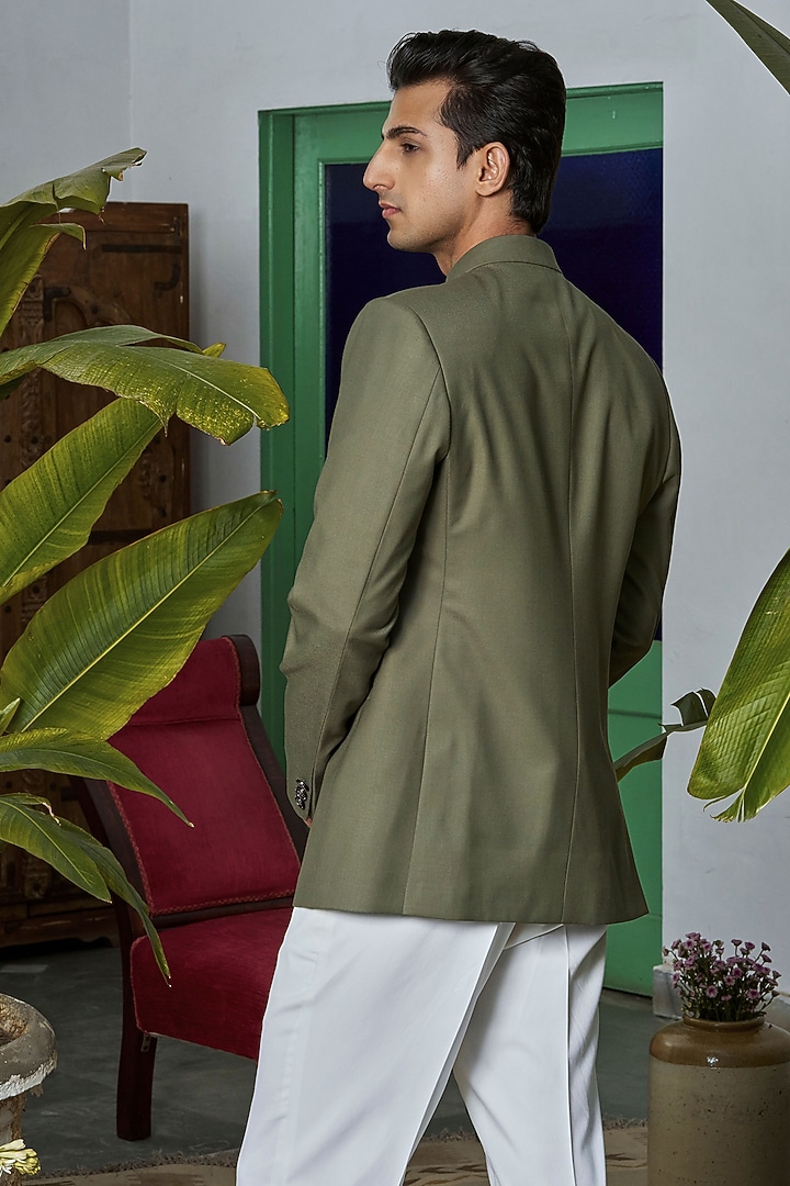 Olive Green Wool Blend Embroidered Wedding Bandhgala Jacket by Philocaly at Pernia's Pop Up Shop