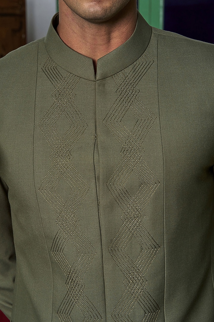Olive Green Wool Blend Embroidered Wedding Bandhgala Jacket by Philocaly at Pernia's Pop Up Shop