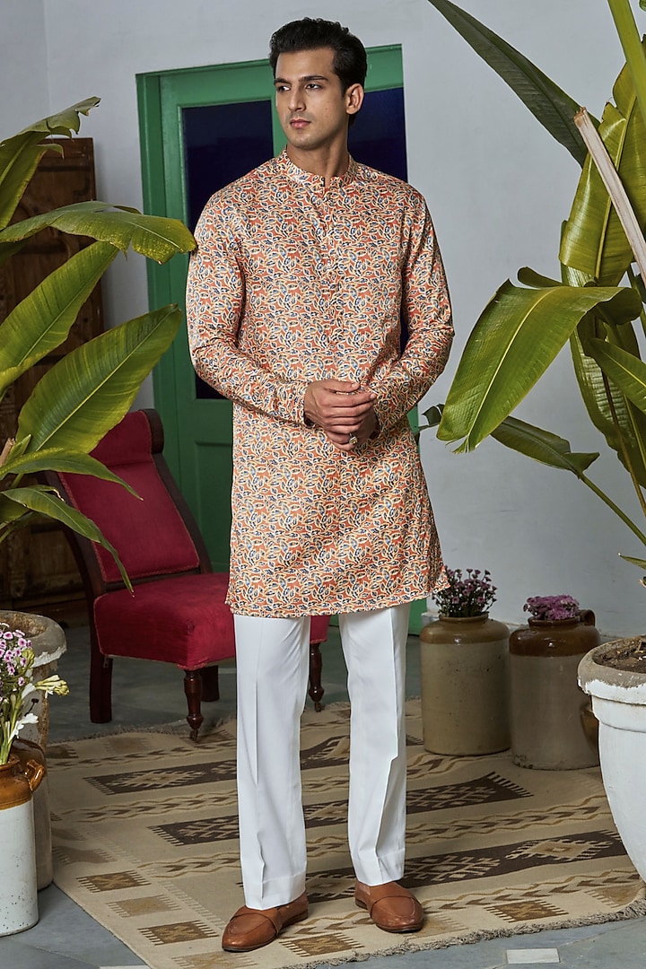 Orange Cotton Silk Leaf Printed Kurta by Philocaly at Pernia's Pop Up Shop