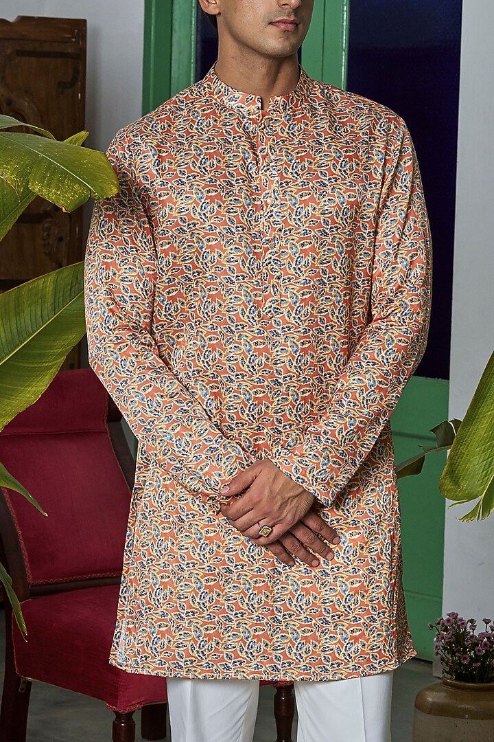 Orange Cotton Silk Leaf Printed Kurta by Philocaly at Pernia's Pop Up Shop