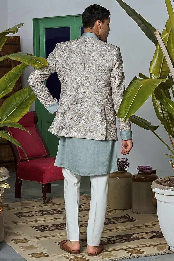 Beige Banarasi Brocade Wedding Bandhgala Set by Philocaly at Pernia's Pop Up Shop