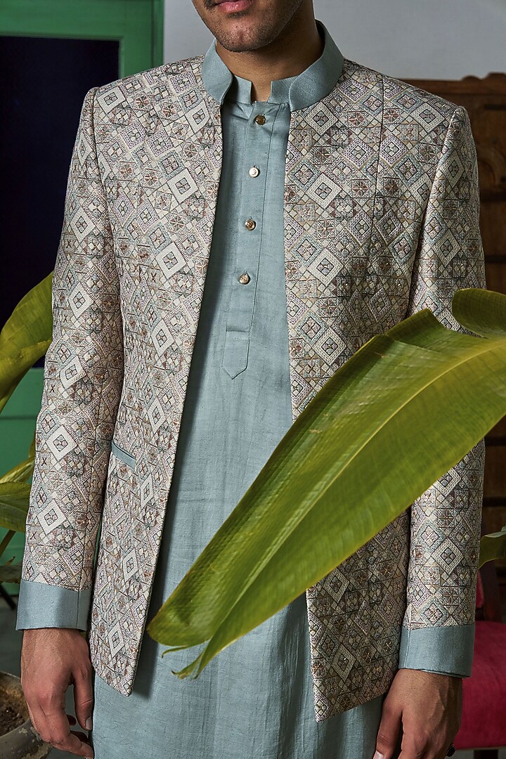 Beige Banarasi Brocade Wedding Bandhgala Set by Philocaly at Pernia's Pop Up Shop