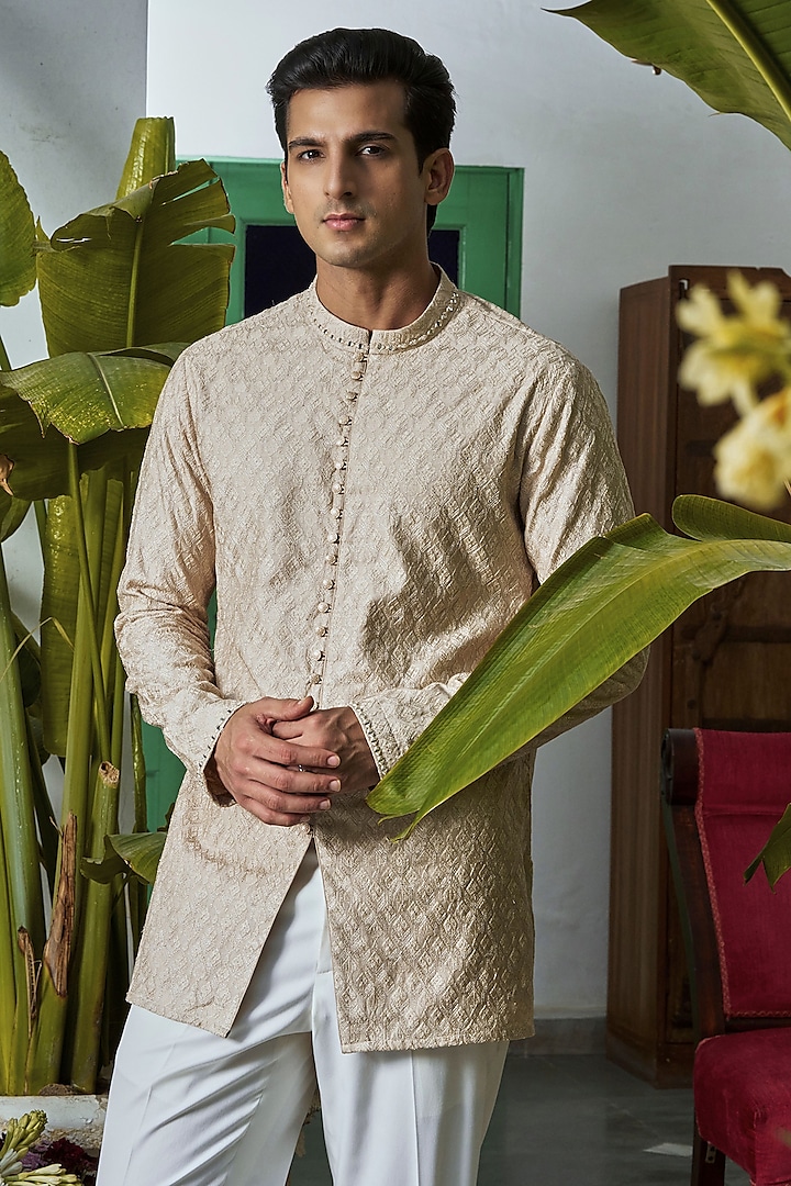 Beige Chanderi Embroidered Kurta by Philocaly at Pernia's Pop Up Shop