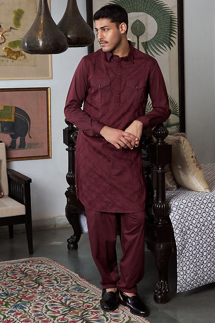 Maroon Cotton Lycra Geometric Embroidered Pathani Kurta by Philocaly at Pernia's Pop Up Shop