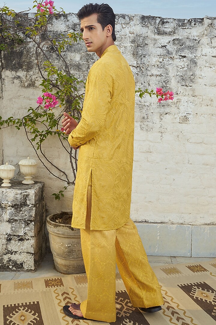 Yellow Cotton Silk Embroidered Kurta Set by Philocaly at Pernia's Pop Up Shop