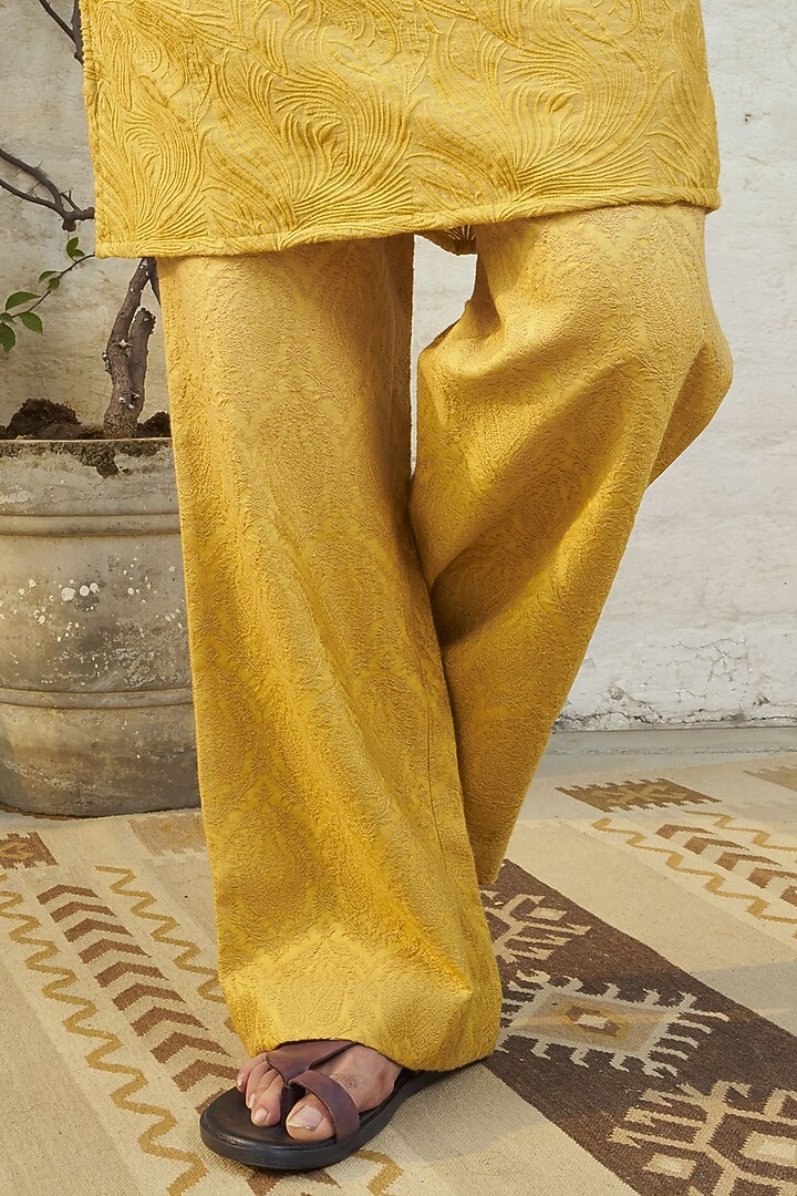 Yellow Cotton Silk Embroidered Kurta Set by Philocaly at Pernia's Pop Up Shop